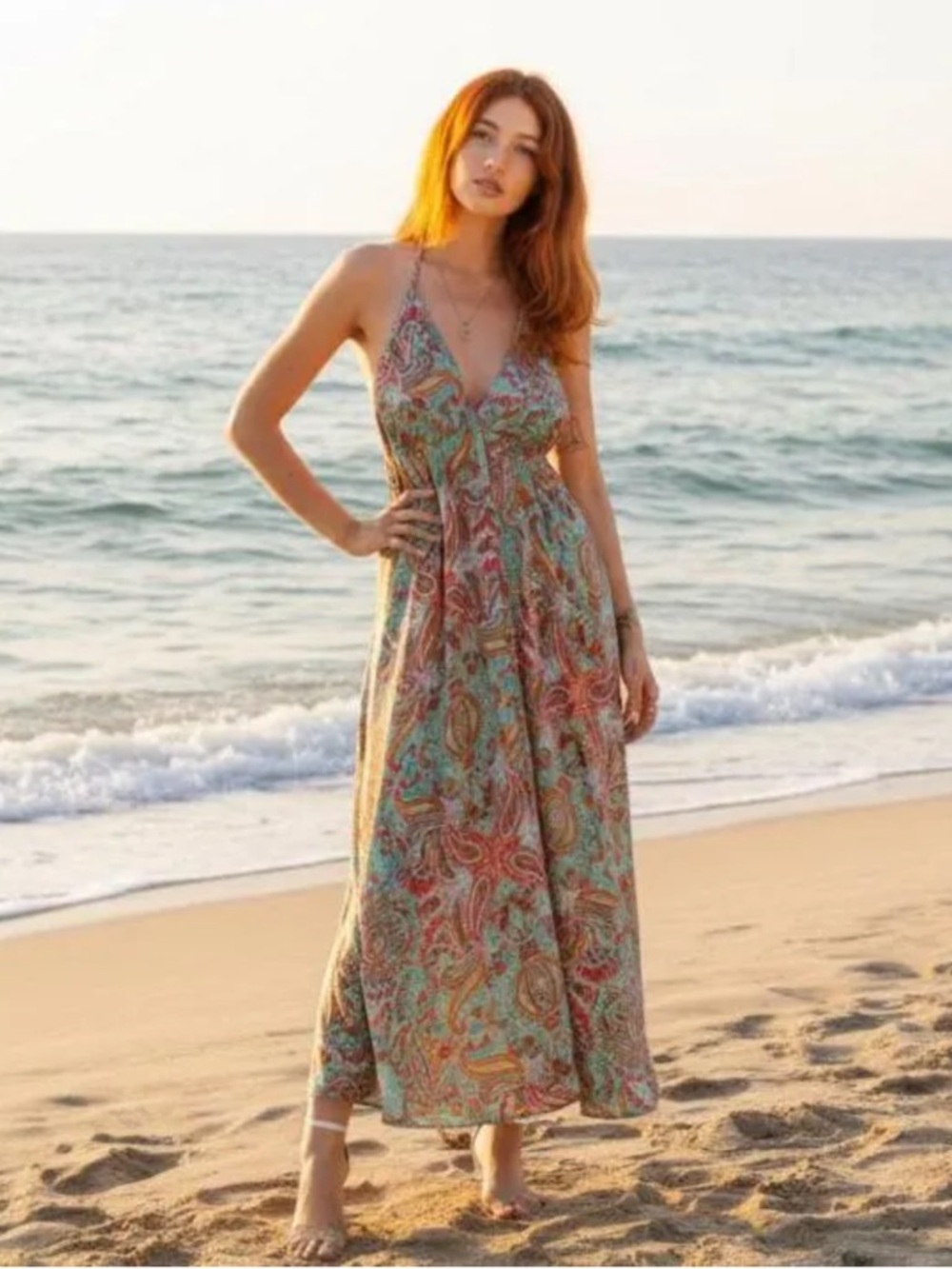 Boho Halter Sundress In Teal And Coral One Size